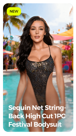 sequin net string back high cut 1pc festival bodysuit 
